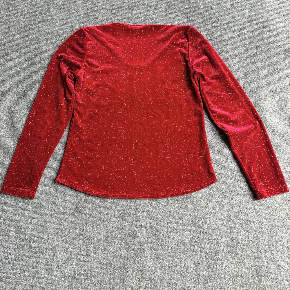 Vintage Red Velvet Long Sleeve Scoop Neck Top Glitter Swirls Women's Size Lg - Picture 3 of 8